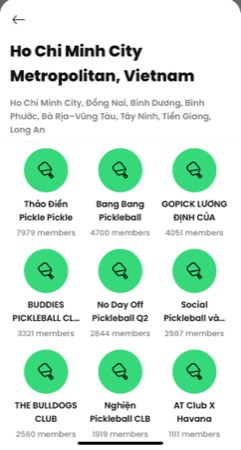 Reclub app showing HCMC clubs list including Thảo Điền Pickle Pickle with 7,979 members