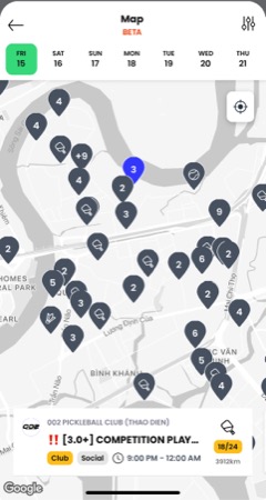 Reclub map view showing dozens of court locations across HCMC