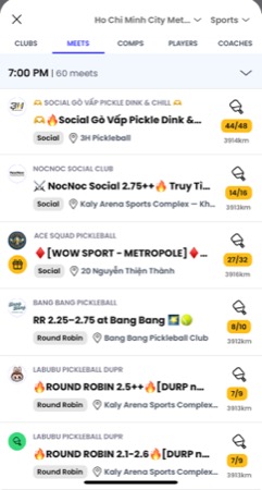 Reclub app showing 60 meets at 7:00 PM in Ho Chi Minh City